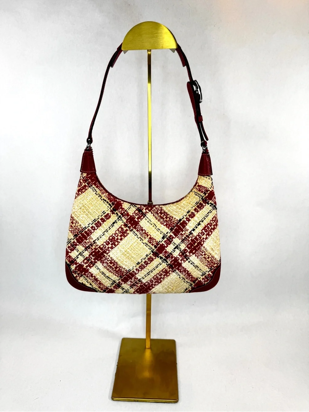 Coach Plaid Tweed Shoulder Hobo Bag Red Cream Leather Trim Style 8368